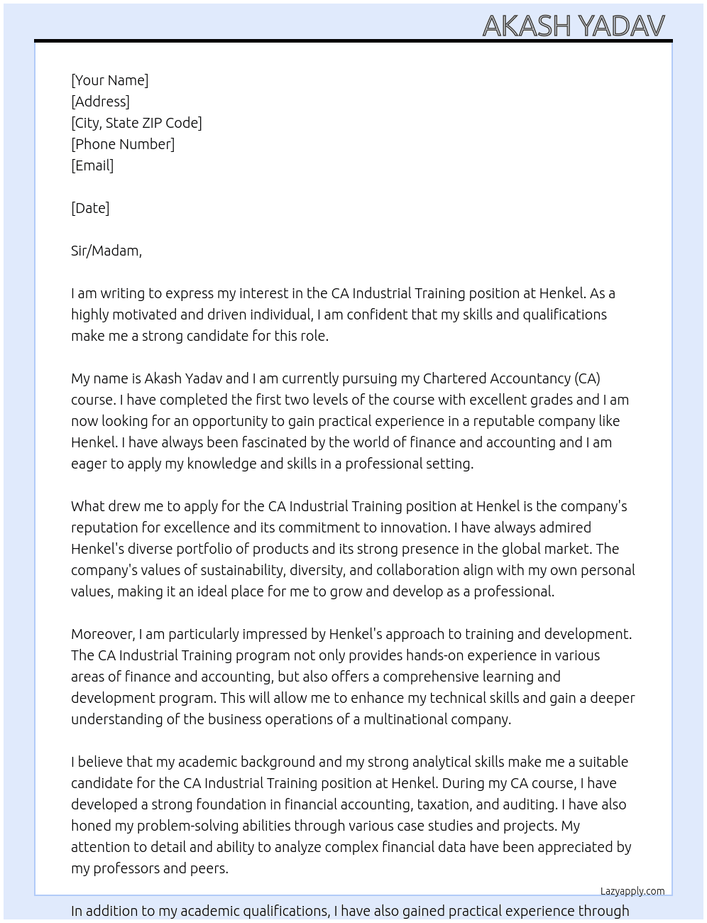 CA Industrial Training  At Henkel Cover Letter