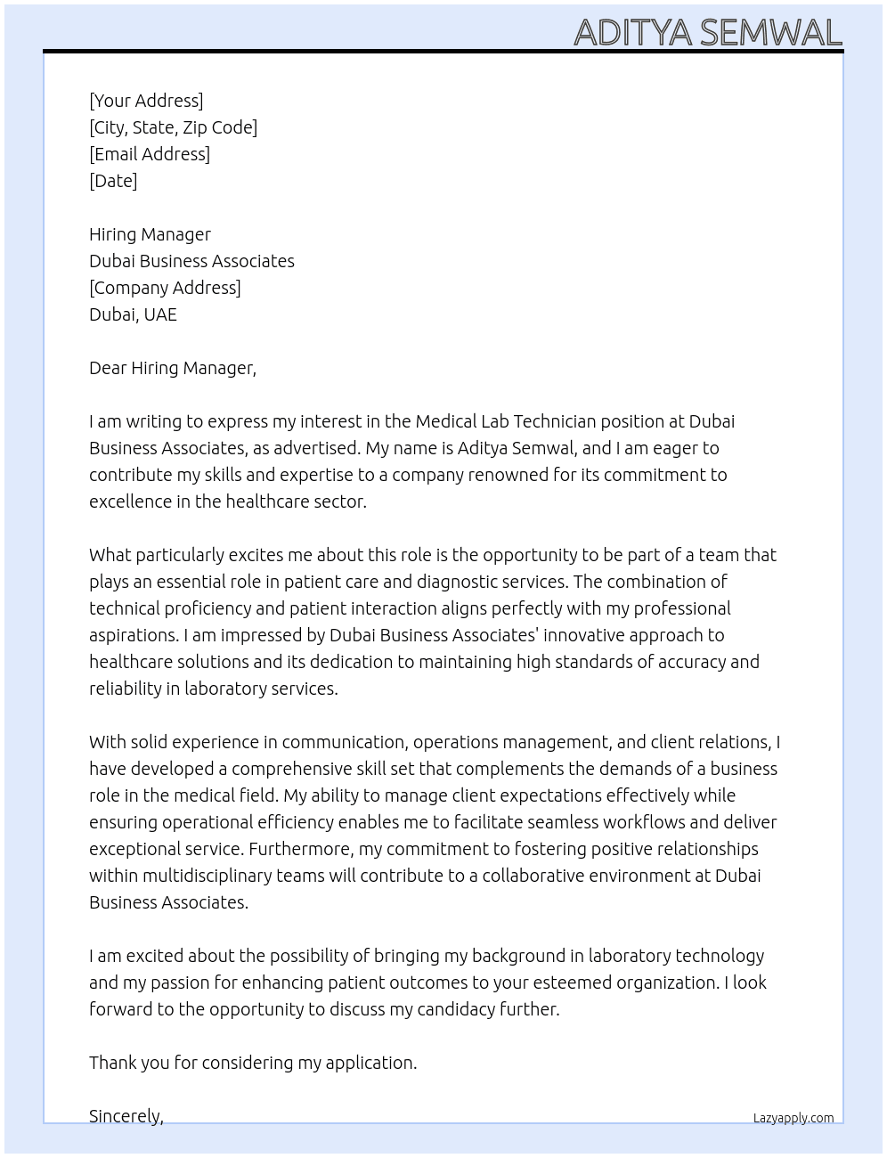 medical lab technician At Dubai business associates  Cover Letter