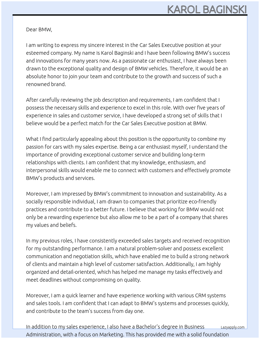car sales executive At BMW Cover Letter