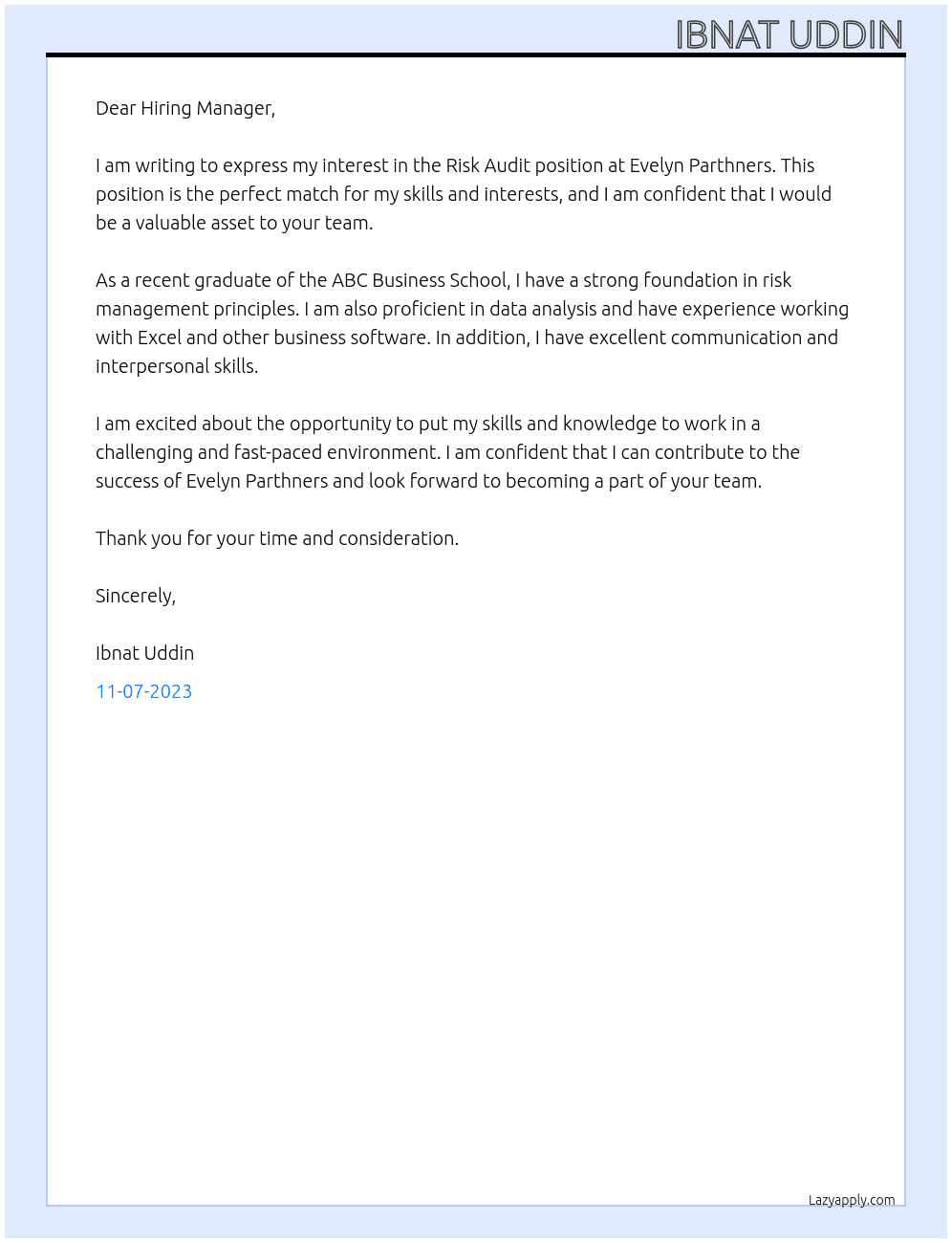 Risk Audit At Evelyn Parthners Cover Letter