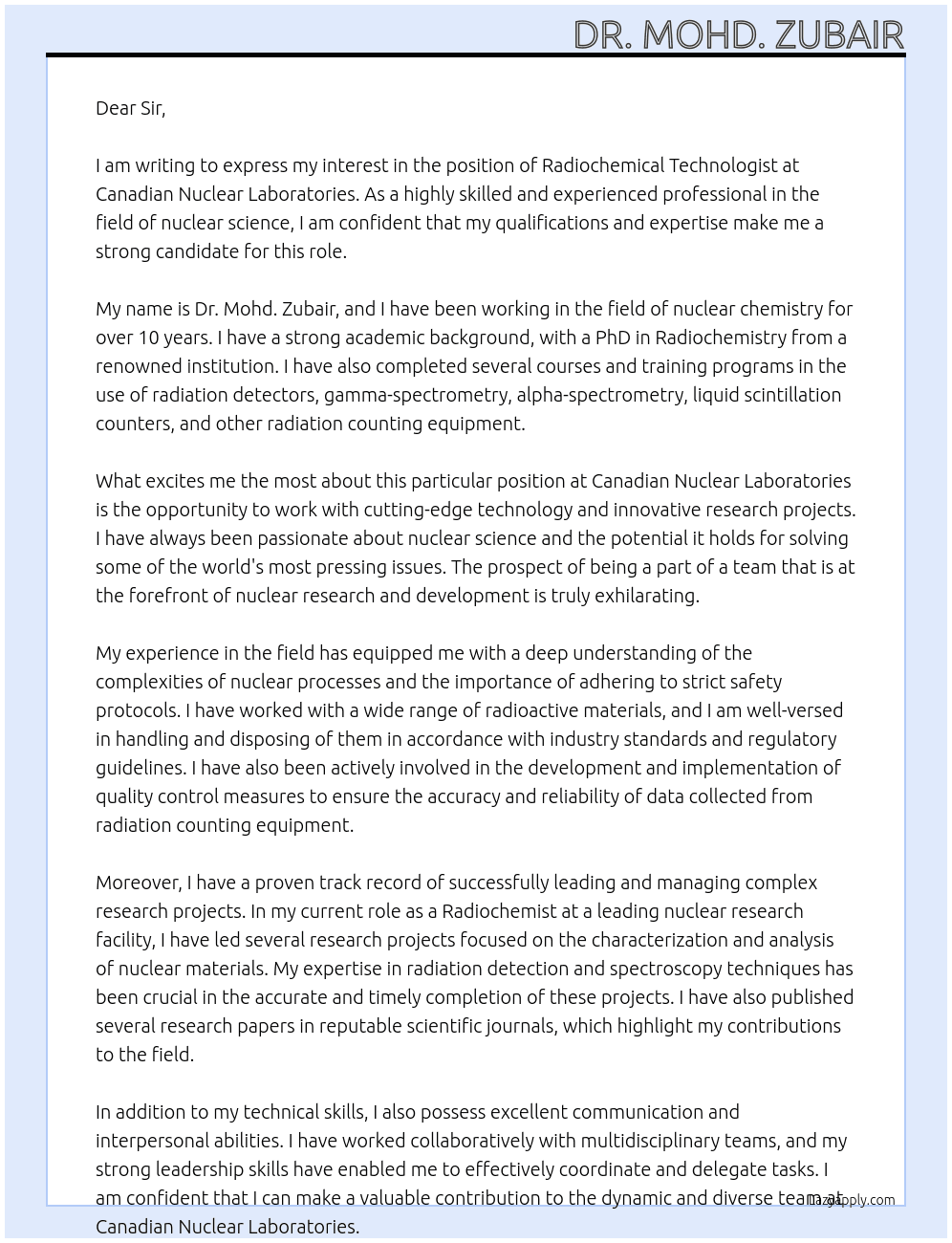  Radiochemical Technologist  At Canadian Nuclear Laboratories logo Canadian Nuclear Laboratories Cover Letter