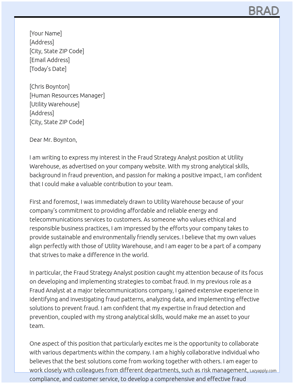 Fraud Strategy Analyst At Utility Warehouse Cover Letter