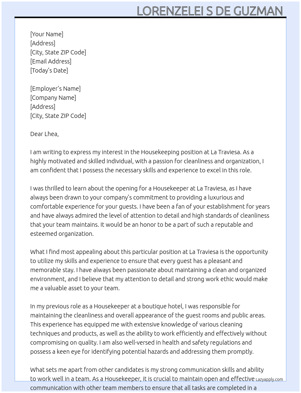 House Keeping  At La traviesa Cover Letter