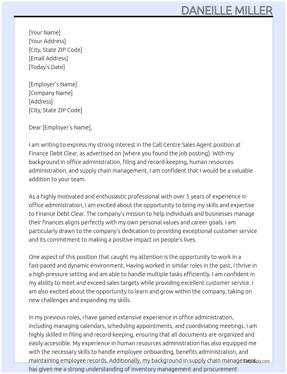 Call centre Sales agent At Finance Debt Clear Cover Letter