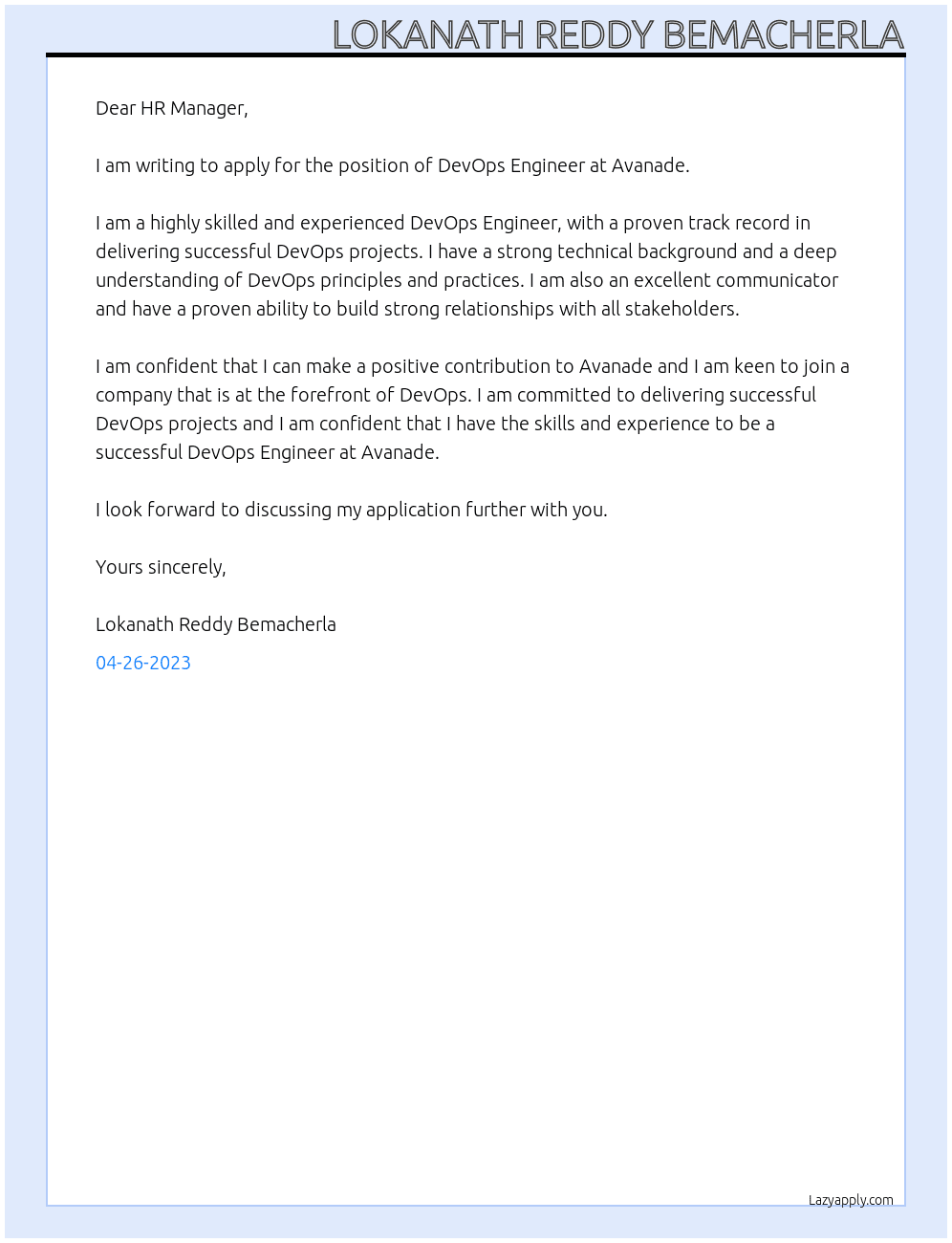 devops engineer At avanade  Cover Letter