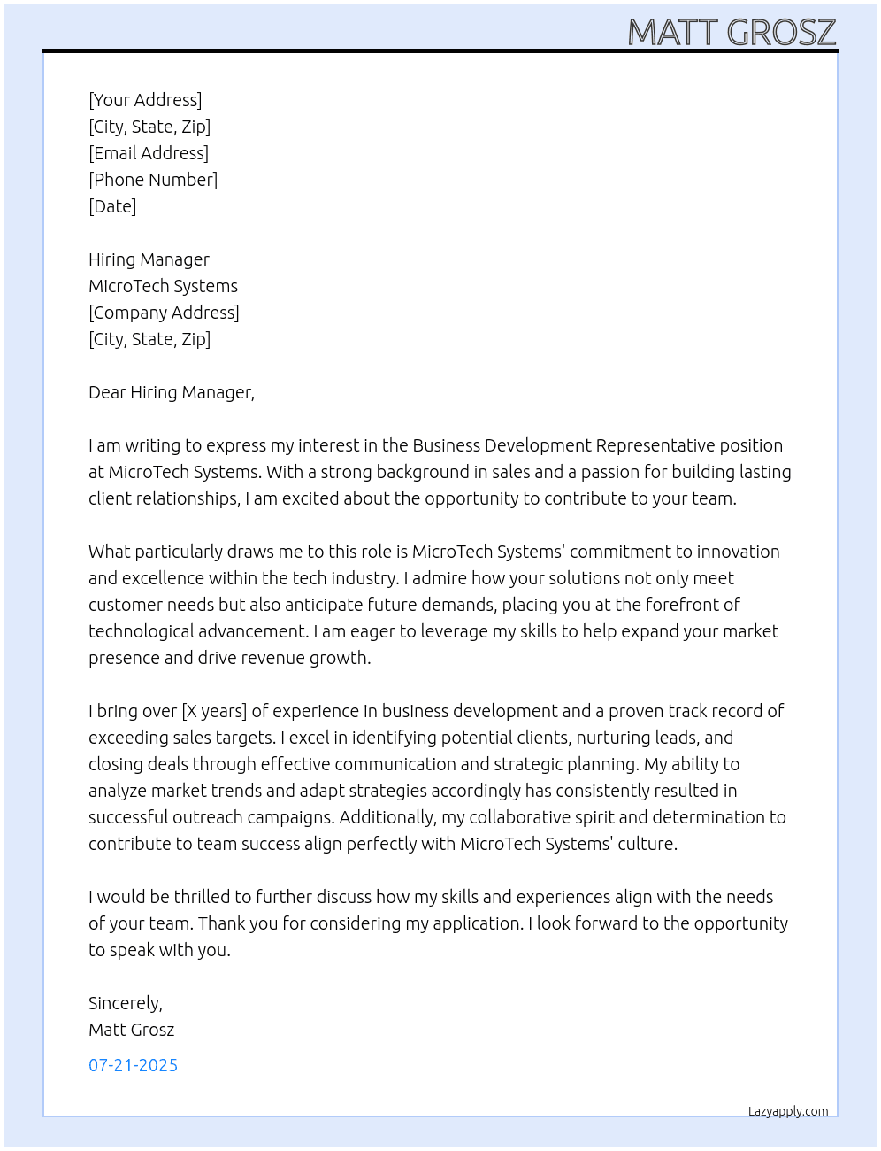 Business Development Representative At MicroTech Systems Cover Letter