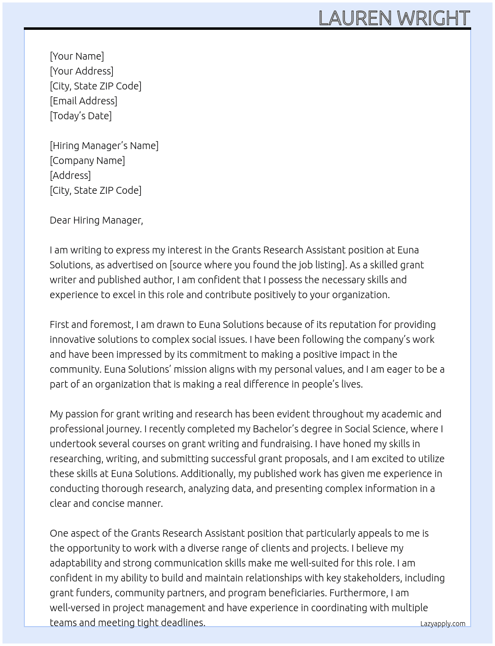 Grants Research Assistant At Euna Solutions Cover Letter