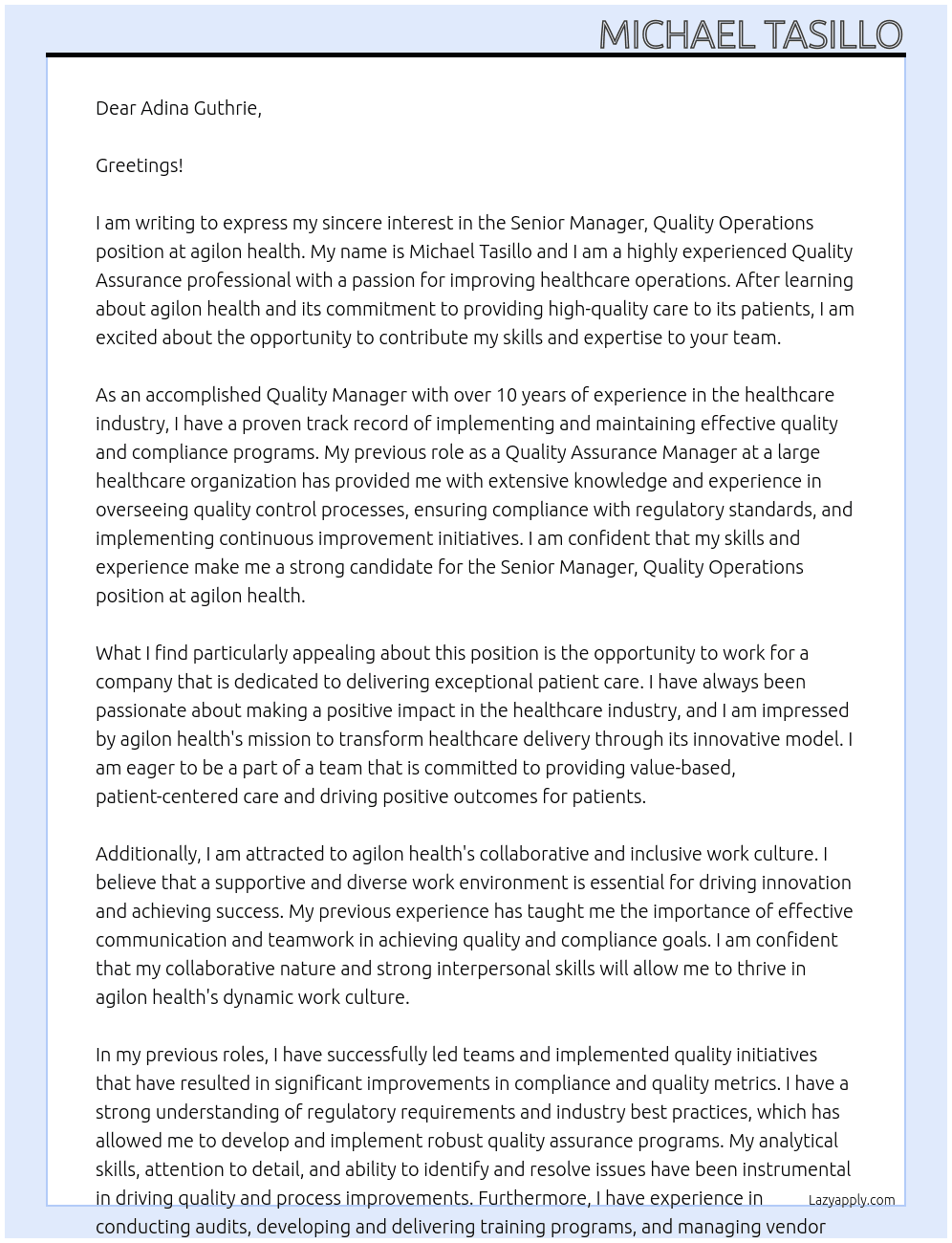 Senior Manager, Quality Operations At agilon health Cover Letter