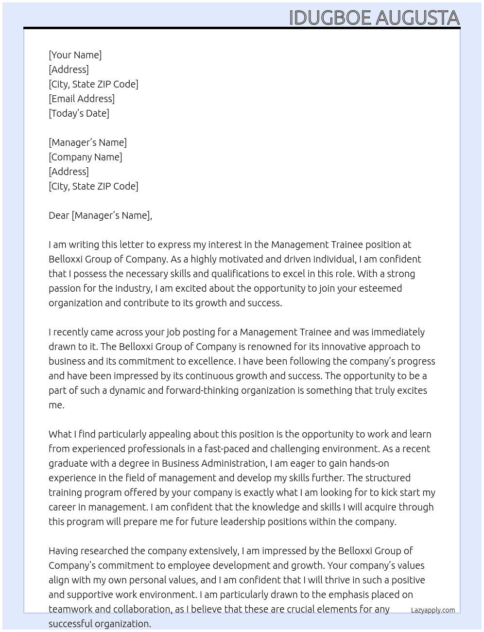 Management trainee At BELLOXXI GROUP OF COMPANY  Cover Letter