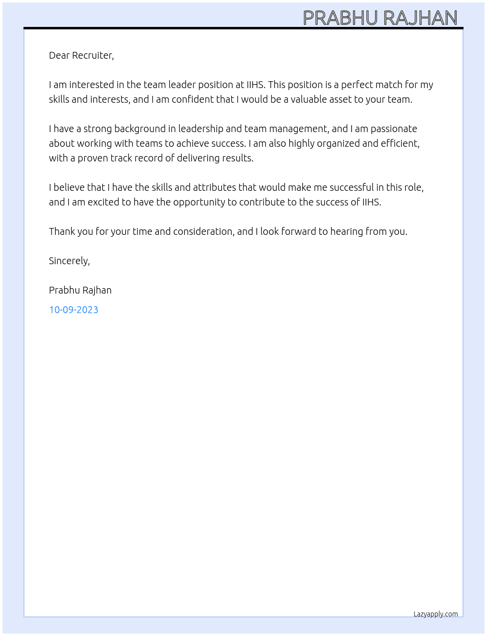 Team leader  At IIHS Cover Letter