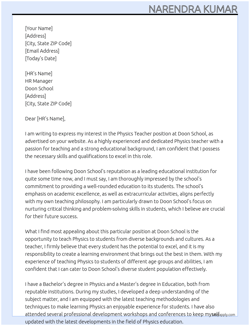 Physics Teacher  At Doon School  Cover Letter