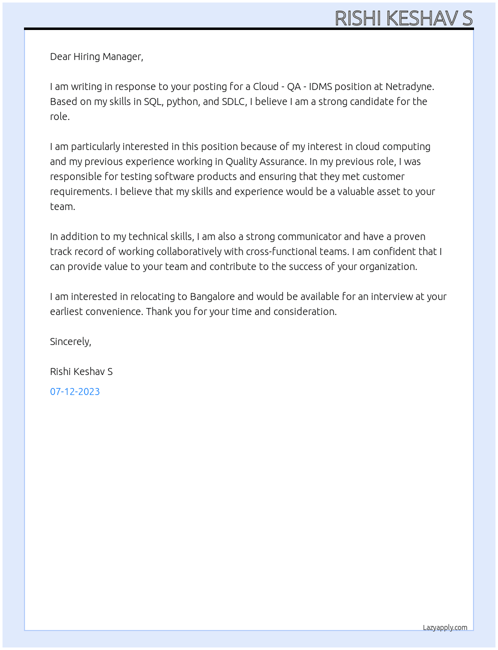 Cloud - QA - IDMS At Netradyne Cover Letter