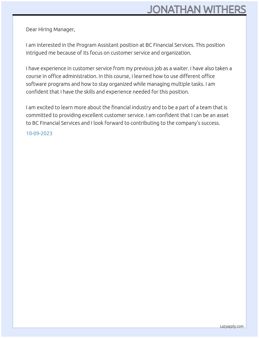 Program Assistant At BC Financial Services Cover Letter