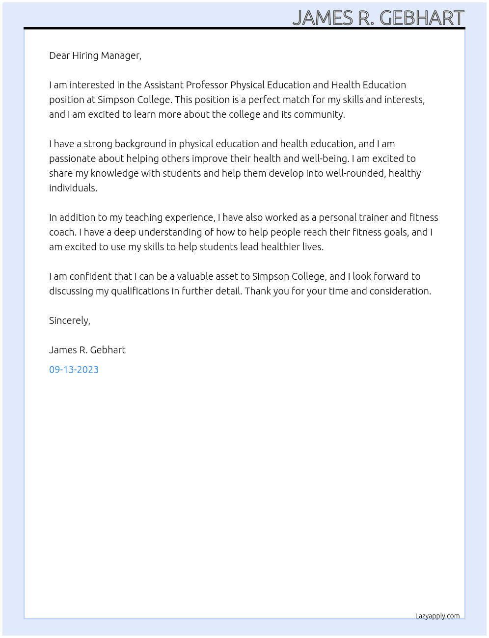 Assistant Professor Physical Education and Health Education At Simpson College Cover Letter