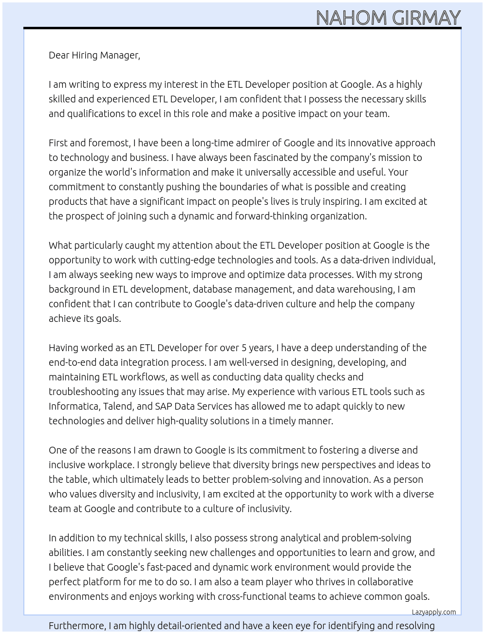 ETL Developer At google Cover Letter