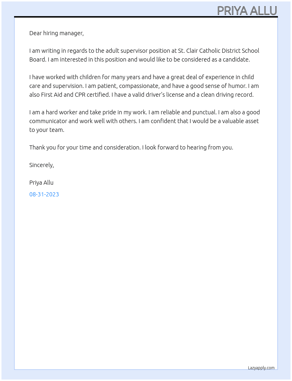 Adult supervisor At St. Clair Catholic District School Board Cover Letter