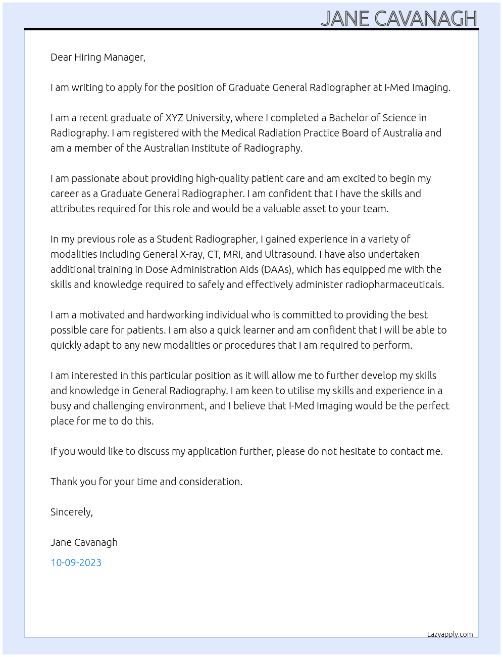 Graduate General Radiographer At I-Med Imaging Cover Letter