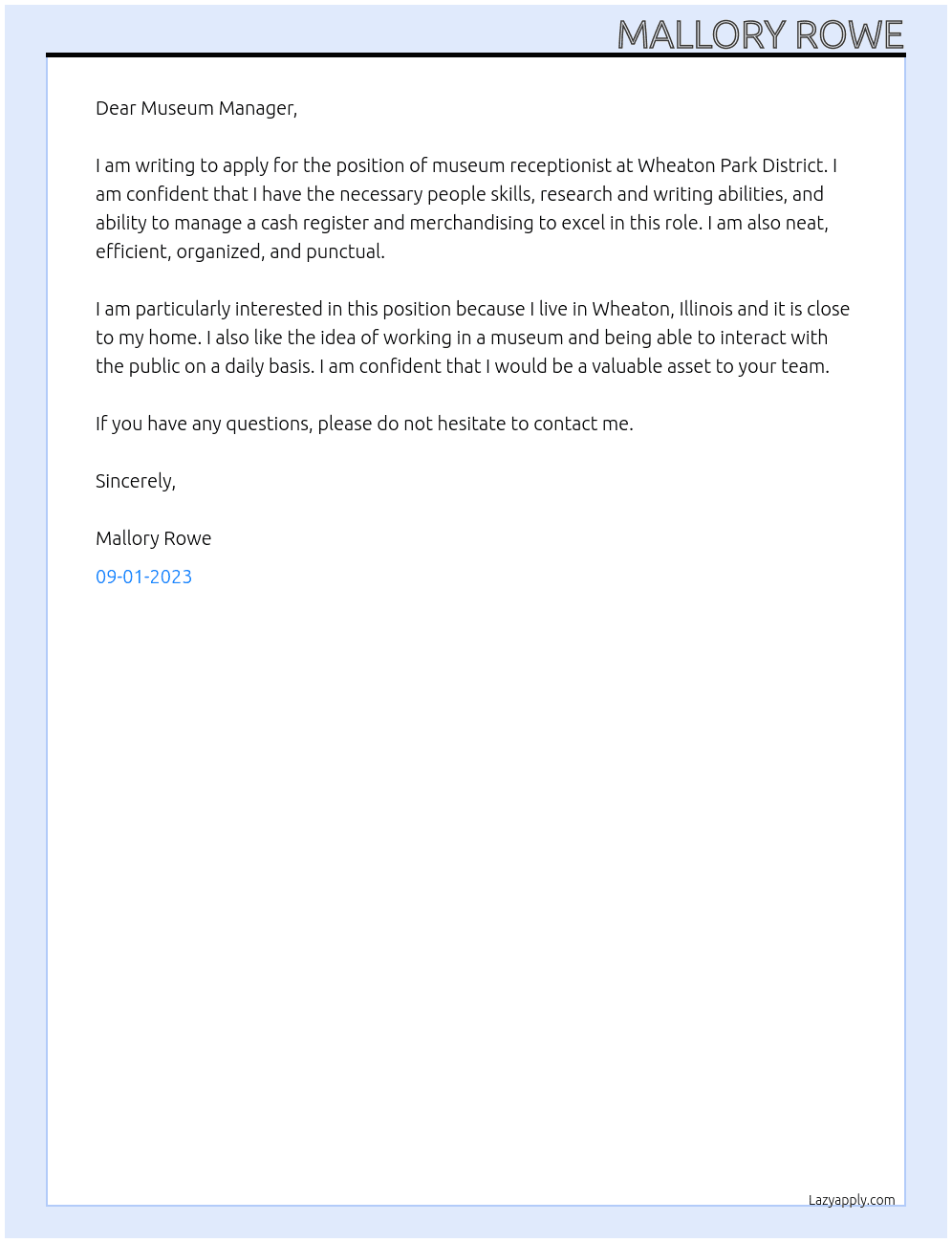 Museum Receptionist At Wheaton Park District Cover Letter