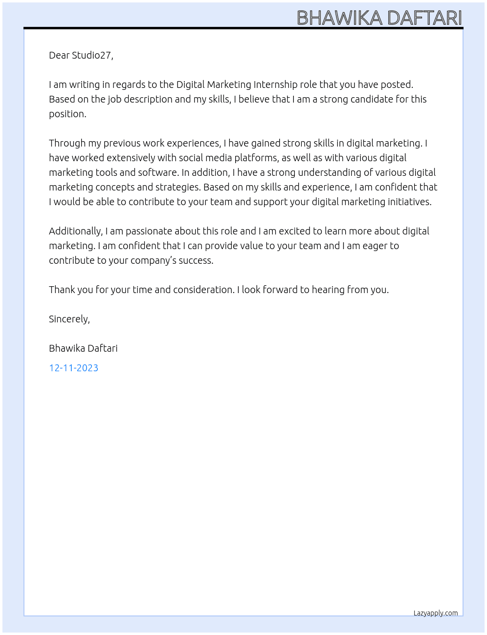 Digital Marketing At  Studio27 Cover Letter