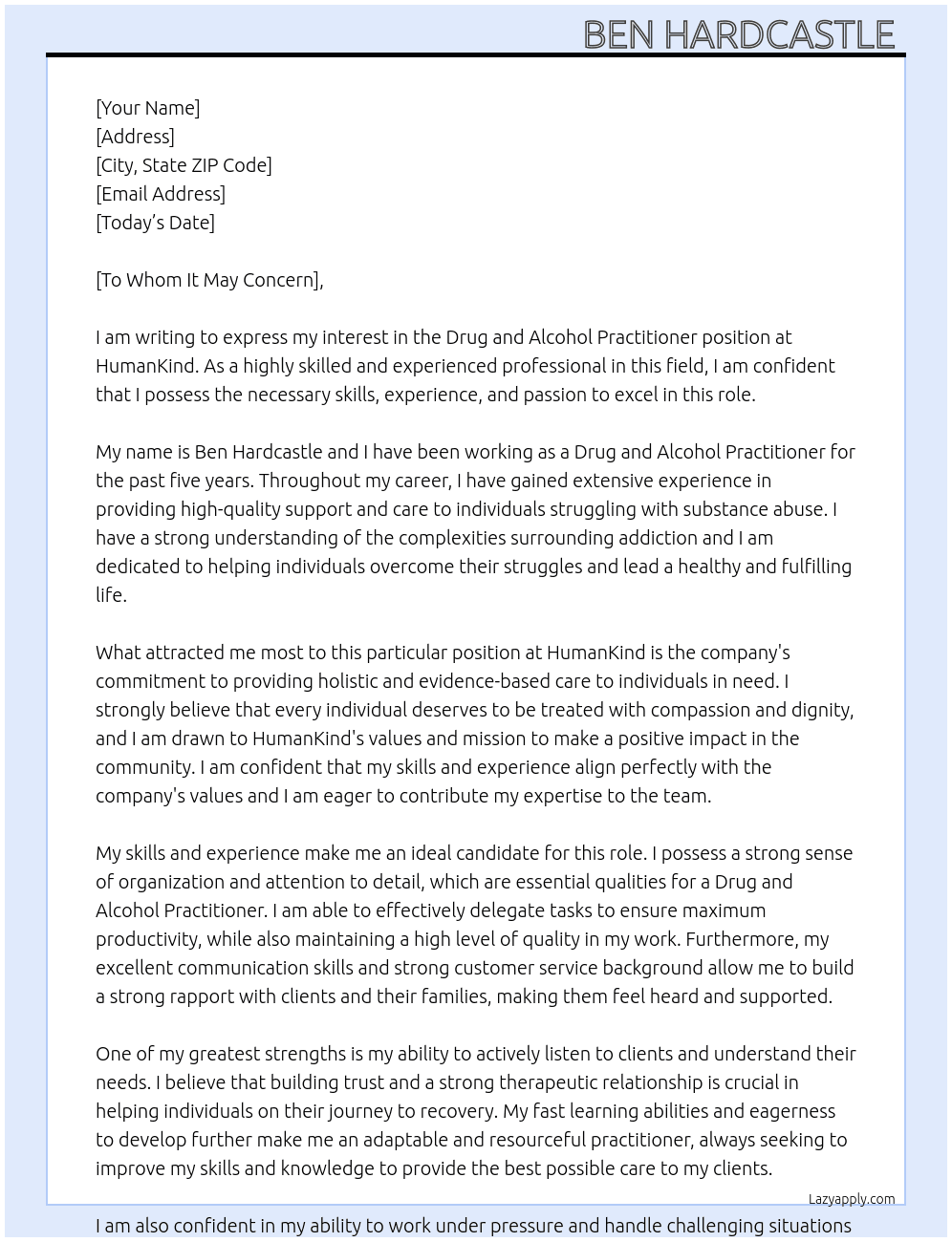 Drug and alcohol practitioner  At HumanKind Cover Letter