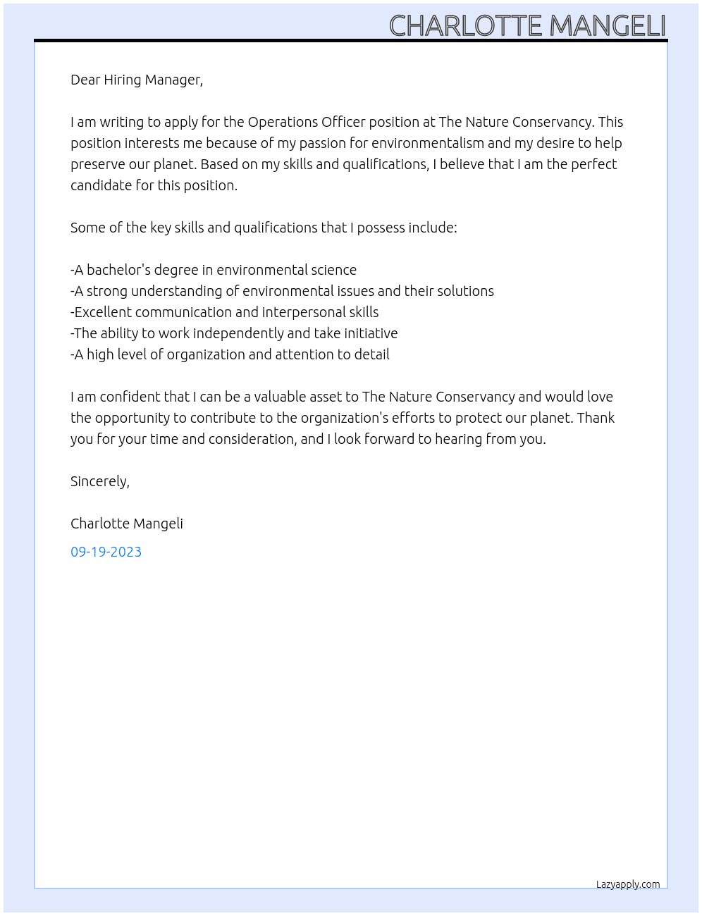Operations Officer At The Nature Conservancy Cover Letter