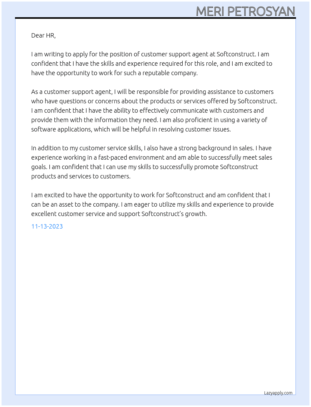customer support agent  At Softconstruct Cover Letter