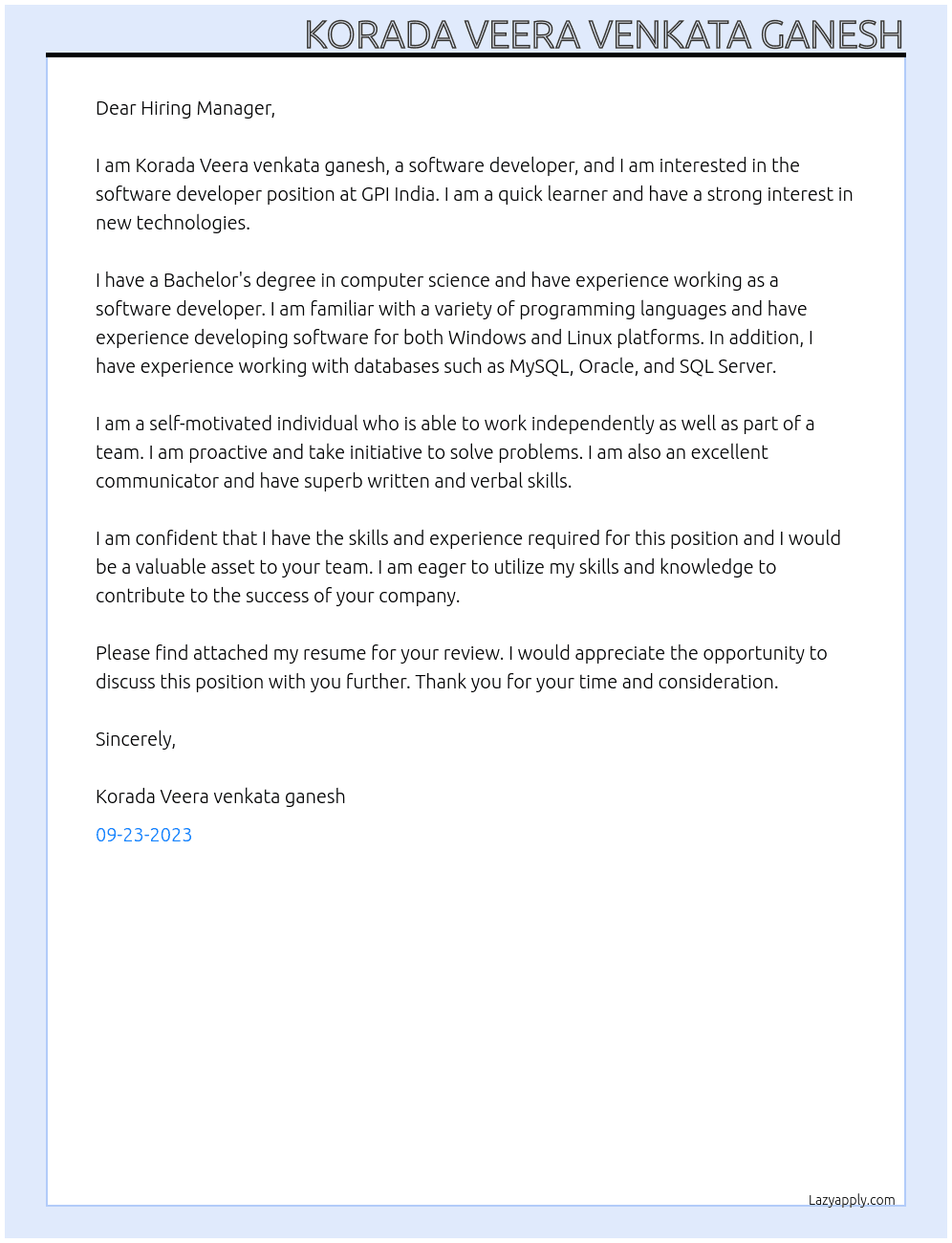Software developer  At GPI India  Cover Letter