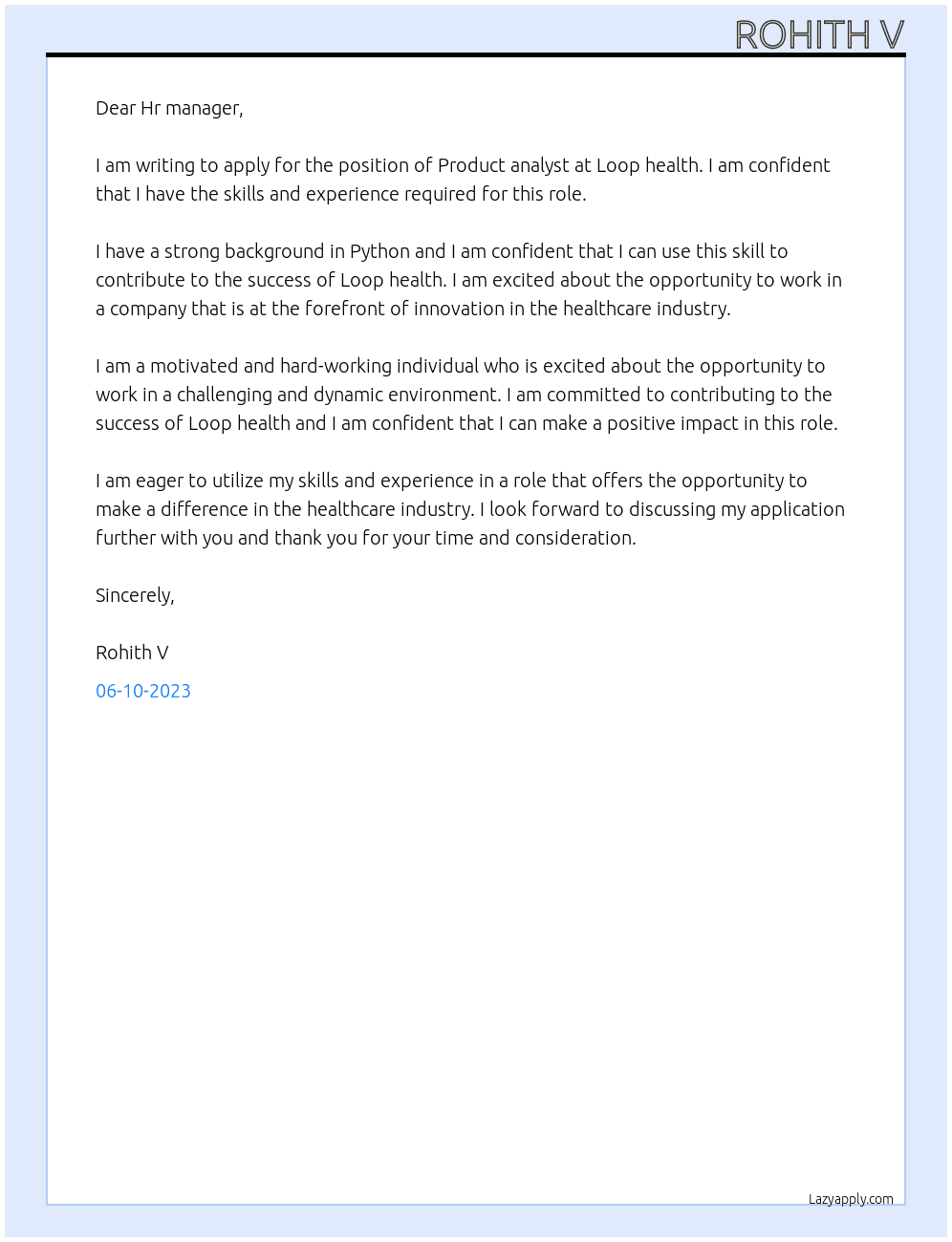 Product analyst  At Loop health  Cover Letter