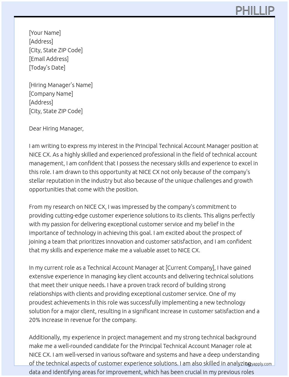 Principal Technical Account Manager At NICE CX Cover Letter