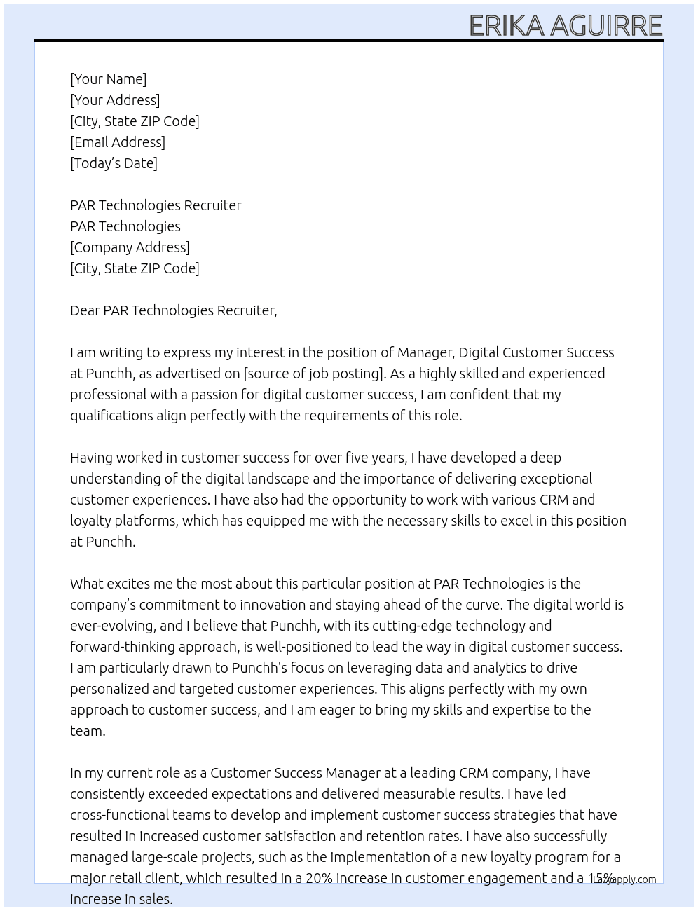 Manager, Digital Customer Success, Punchh At PAR Technologies Cover Letter