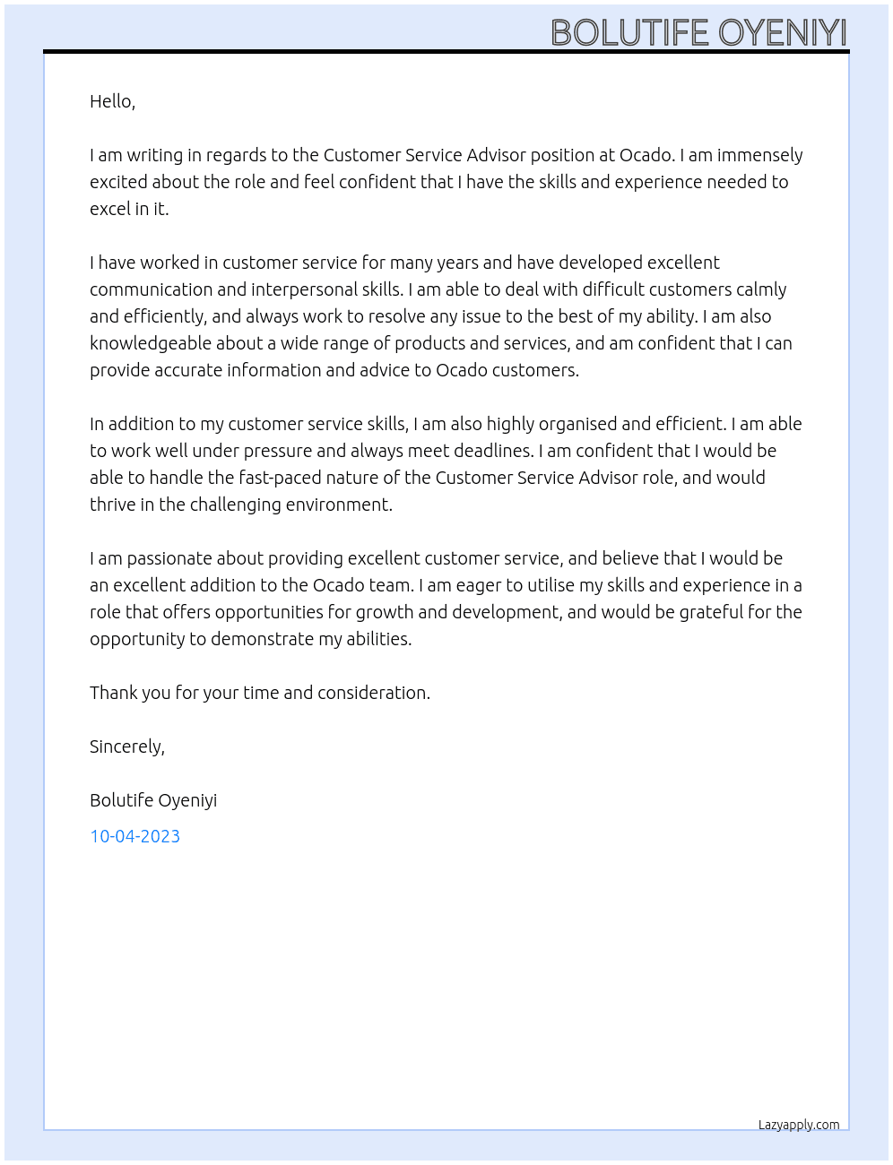 Customer Service Advisor At Ocado Cover Letter