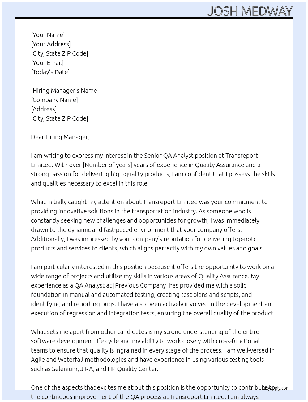 Senior QA Analyst At Transreport Limited Cover Letter
