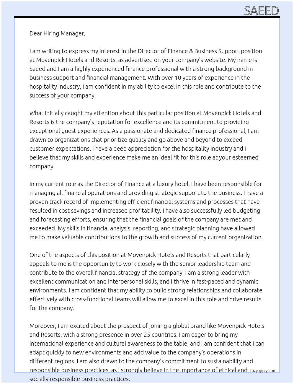 Director of Finance & Business Support At Movenpic Hotels and resorts Cover Letter