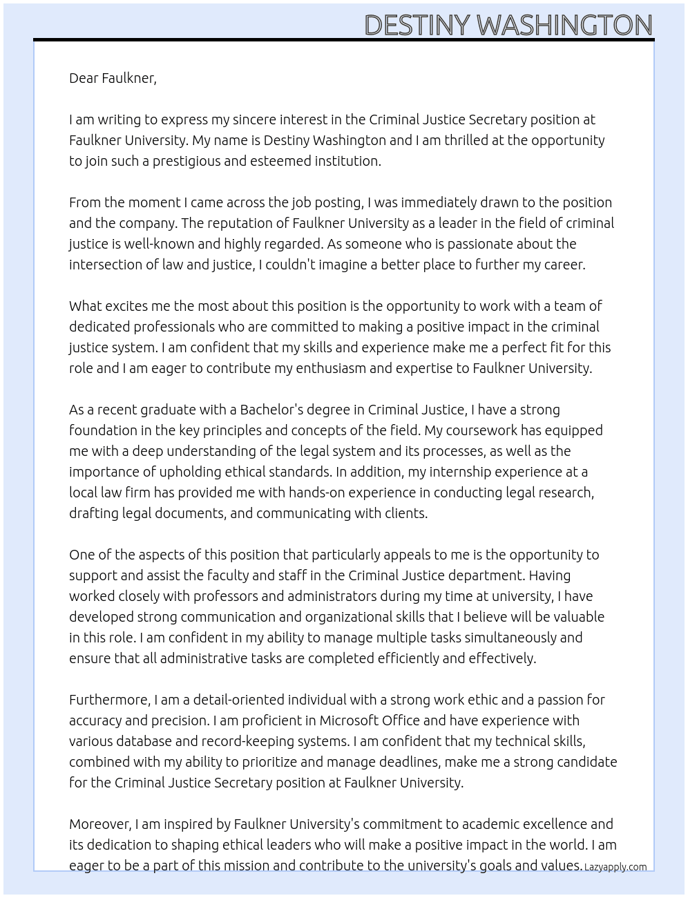 Criminal Justice Secretary At Faulkner University Cover Letter