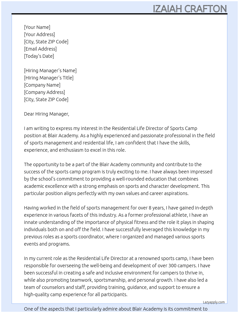 Cover letter for residential life director of sports camp - LazyApply