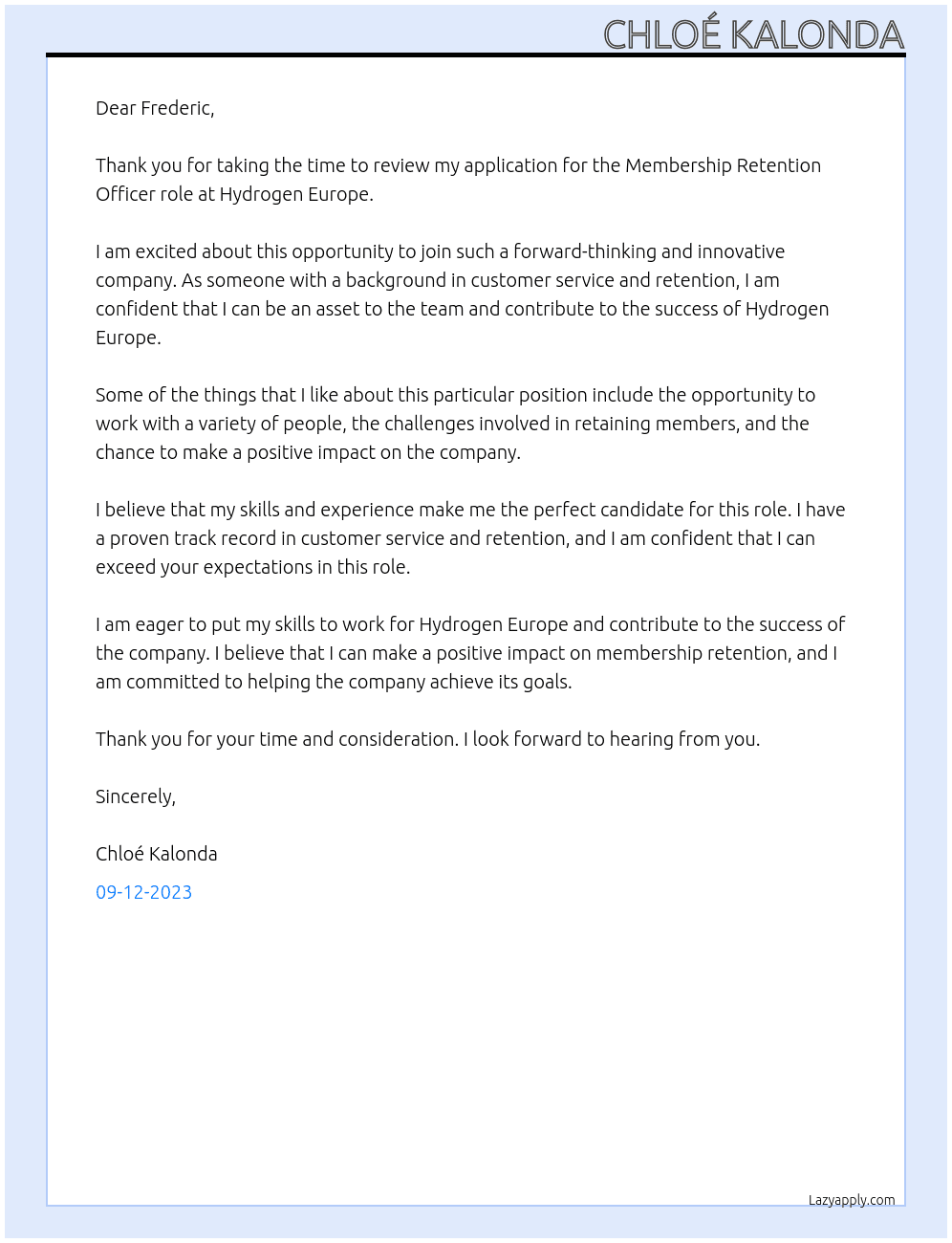 Membership Retention Officer At Hydrogen Europe Cover Letter