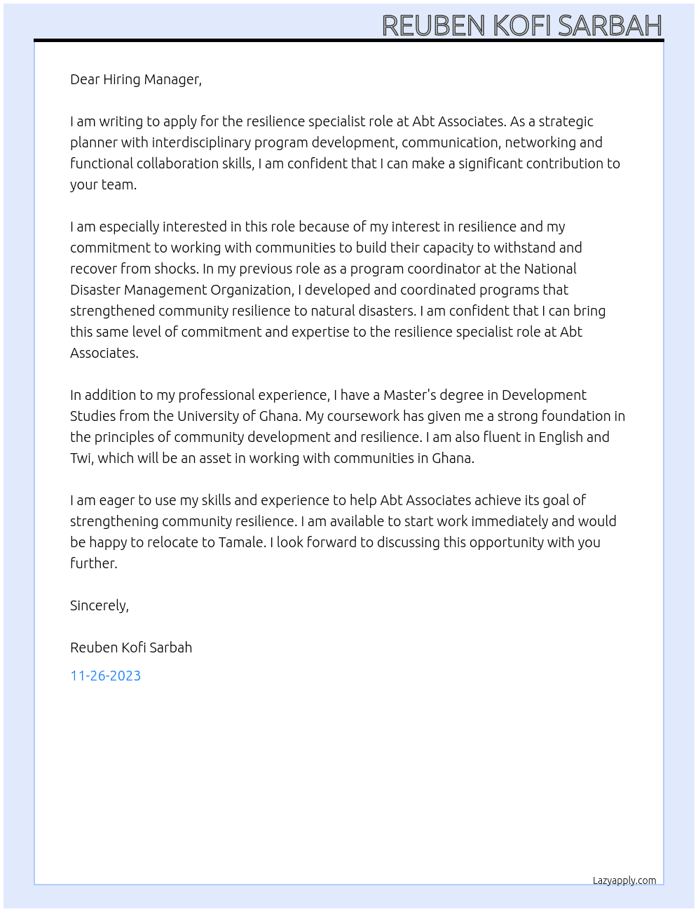 resilience specialist At Abt Associates Cover Letter