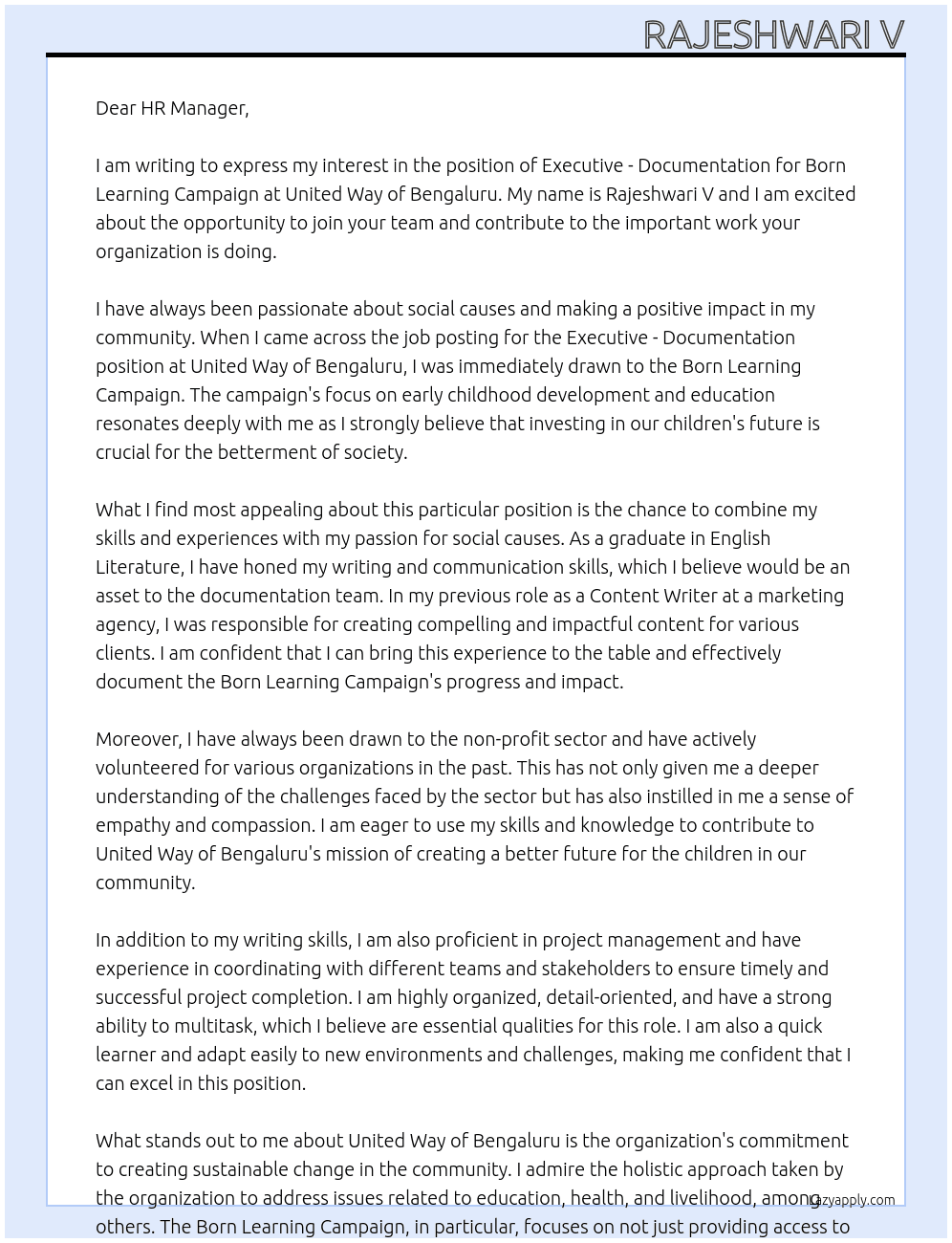 "Executive - Documentation for Born Learning Campaign" At United Way of Bengaluru Cover Letter