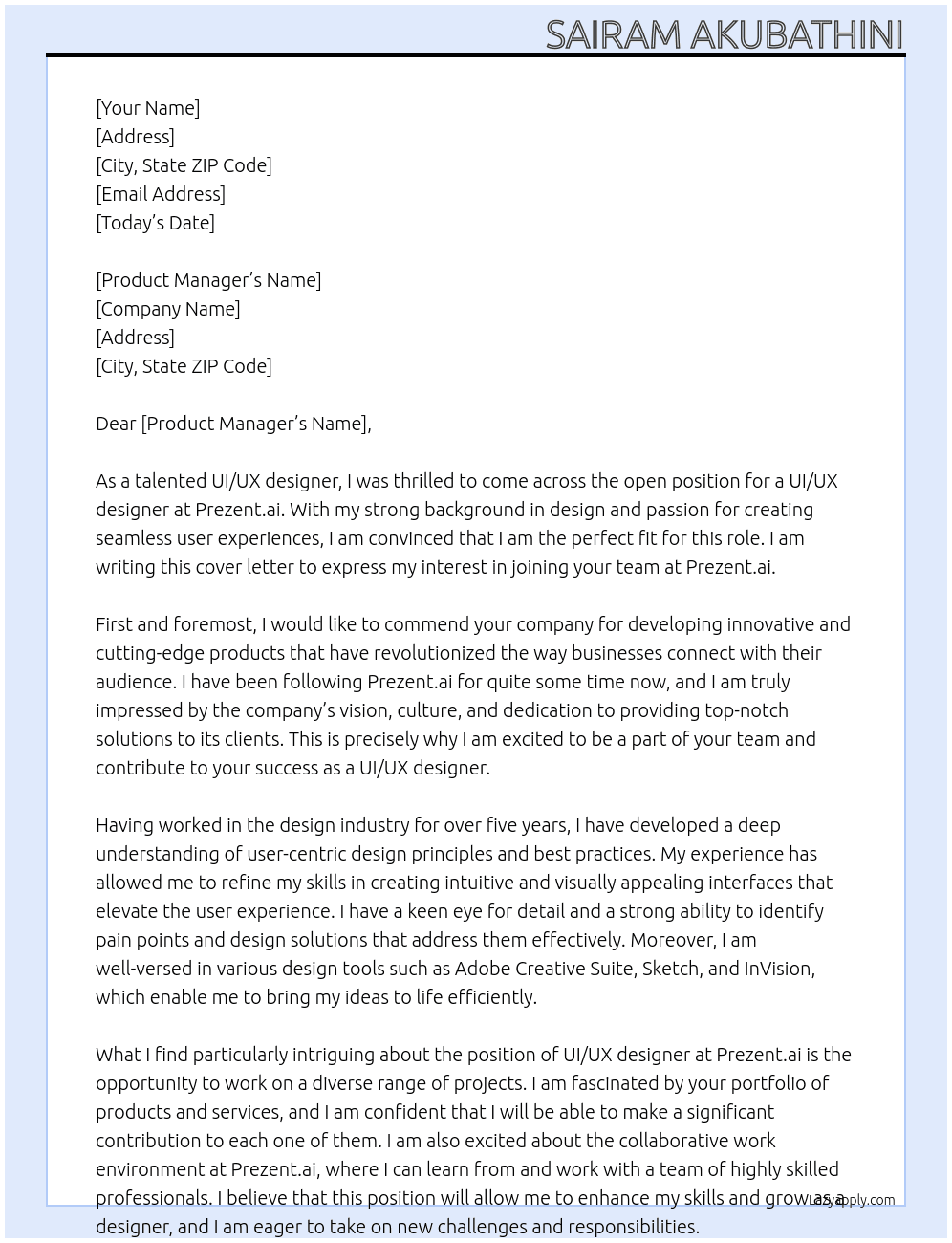 UI UX designer At prezent.ai Cover Letter