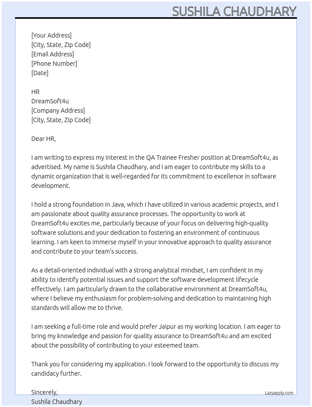QA Trainee Fresher At DreamSoft4u Cover Letter