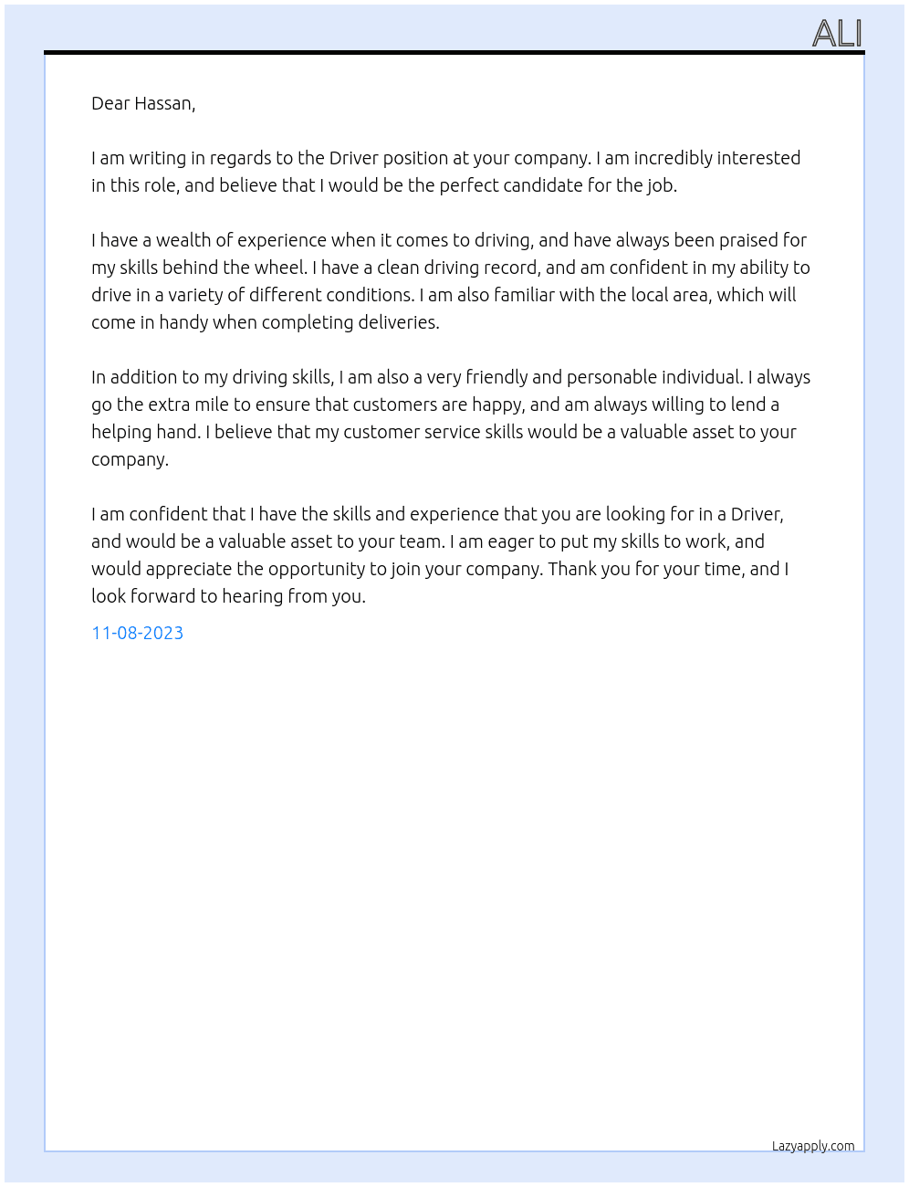 Driver At Hassan Cover Letter