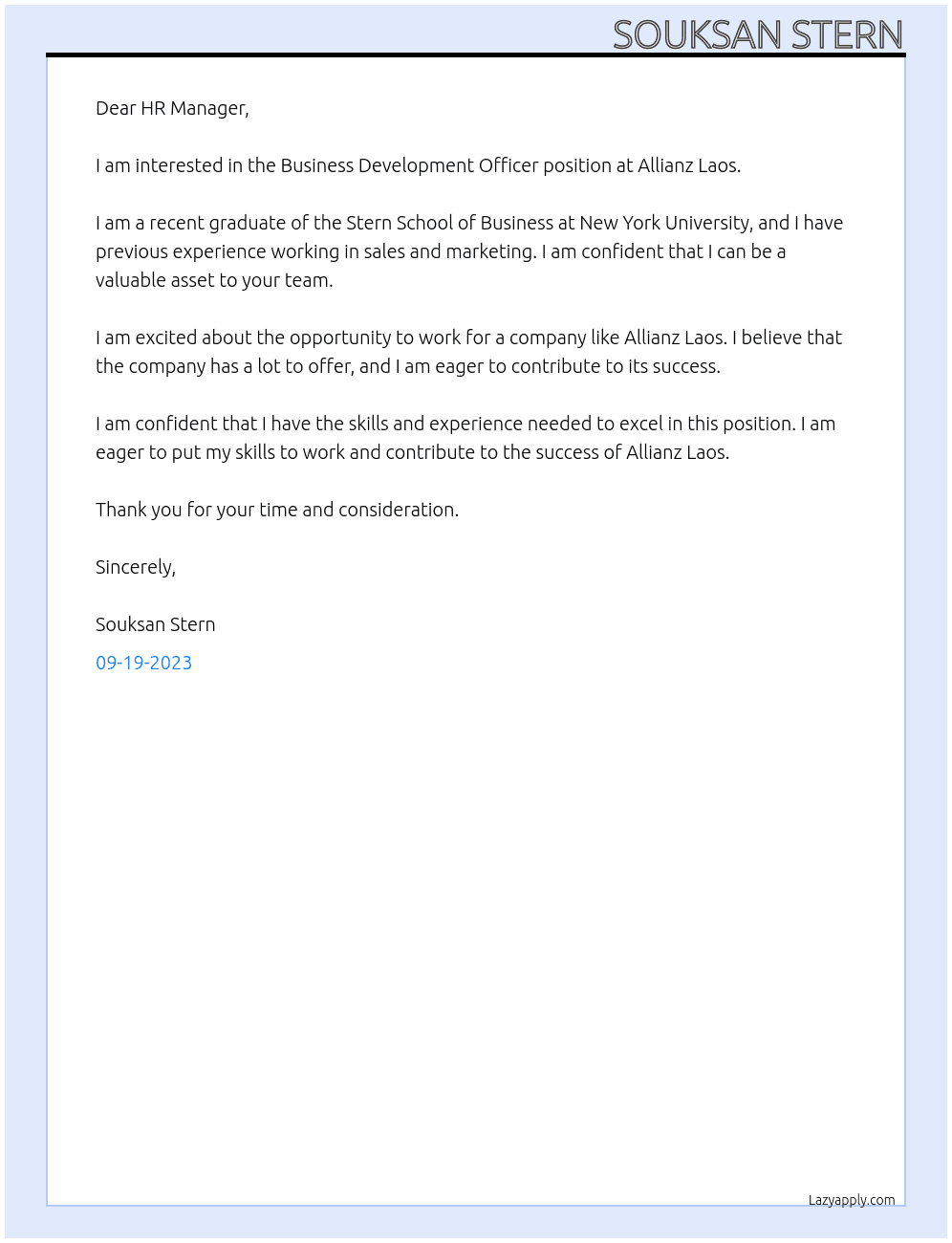 Business development officer At Allianz Laos Cover Letter