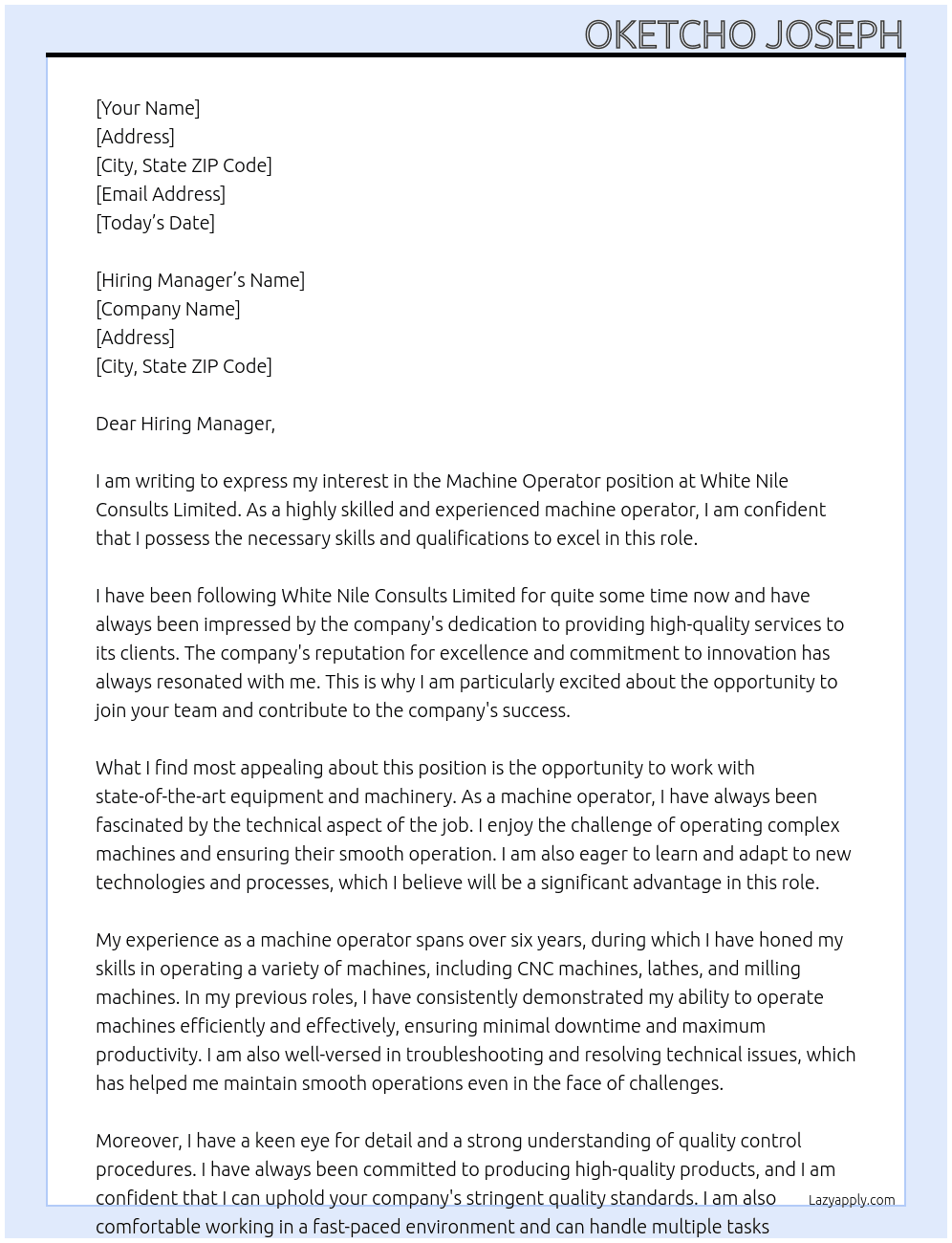Machine Operator At White Nile Consults Limited Cover Letter
