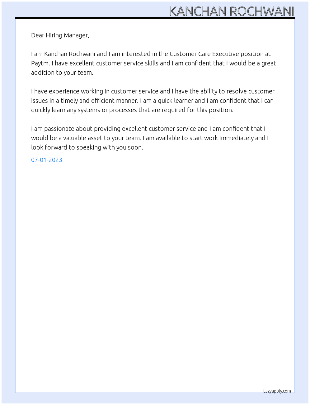 Customer care executive  At Paytm  Cover Letter