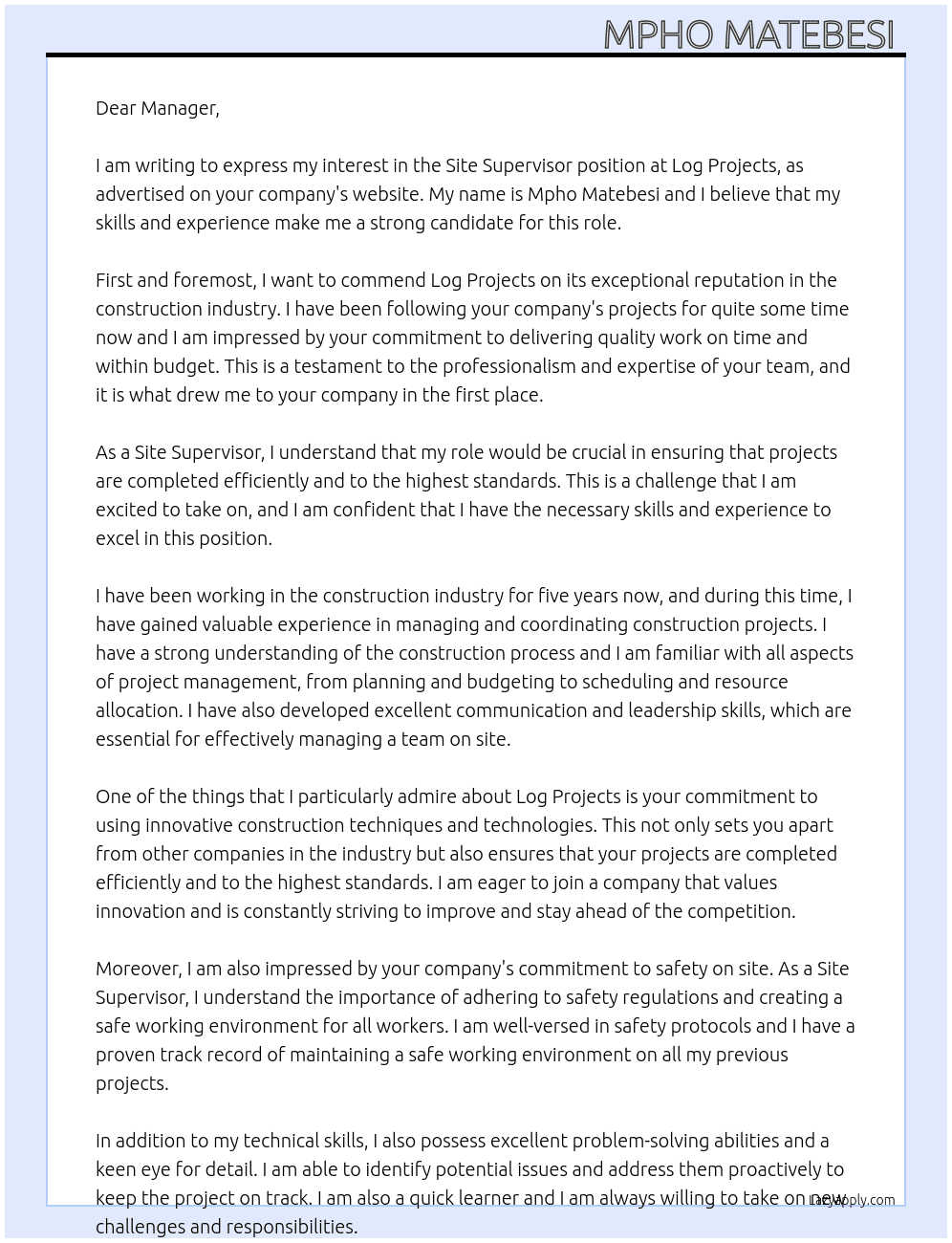 Site Supervisor  At Log projects  Cover Letter