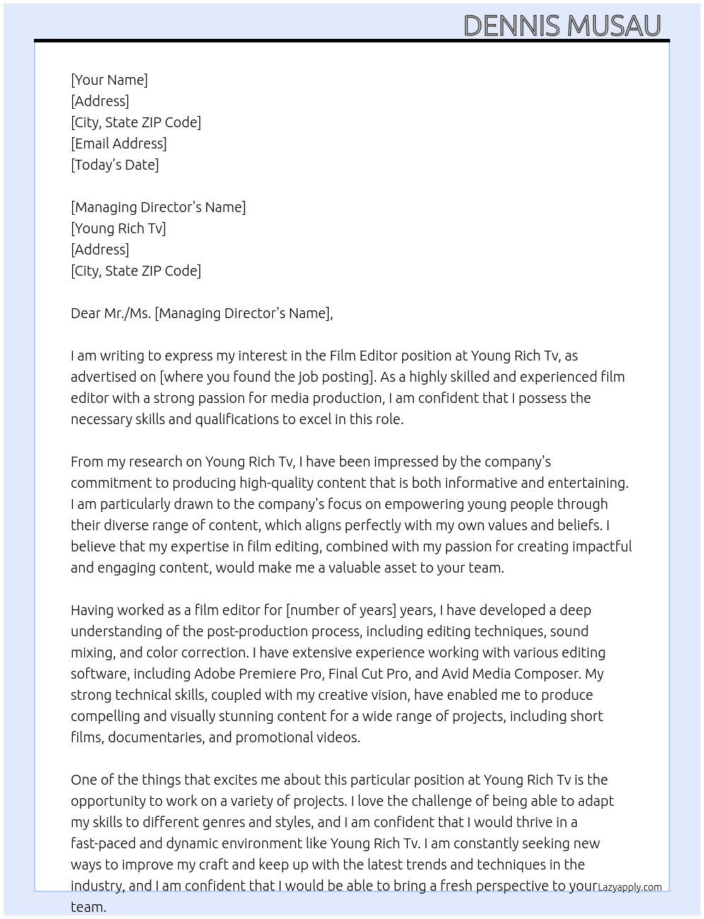 Film editor At Young Rich Tv Cover Letter