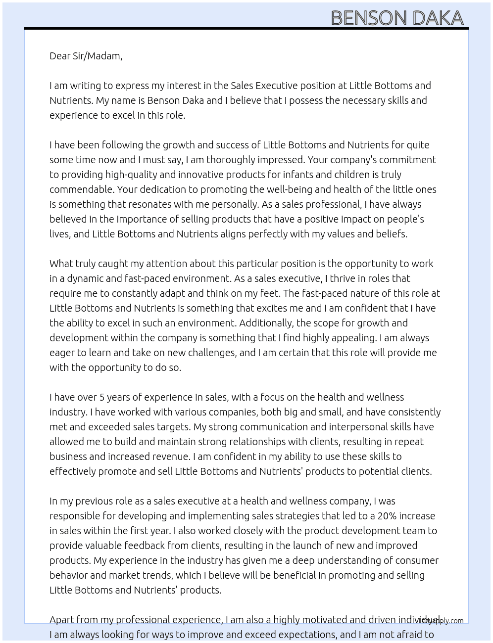 Sales executive  At Little bottoms and nutrients  Cover Letter