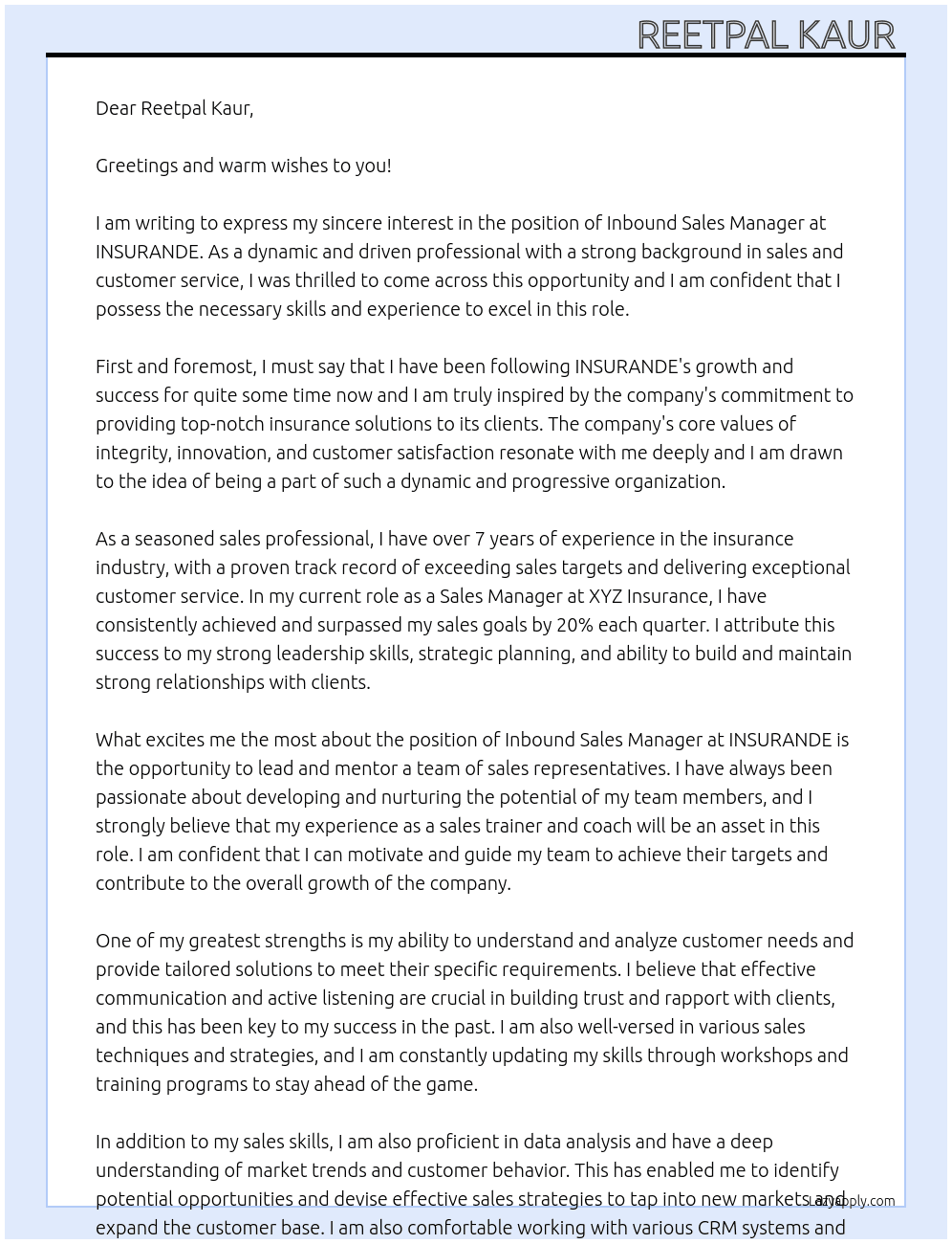 INBOUND SALES MANAGER At INSURANDE Cover Letter