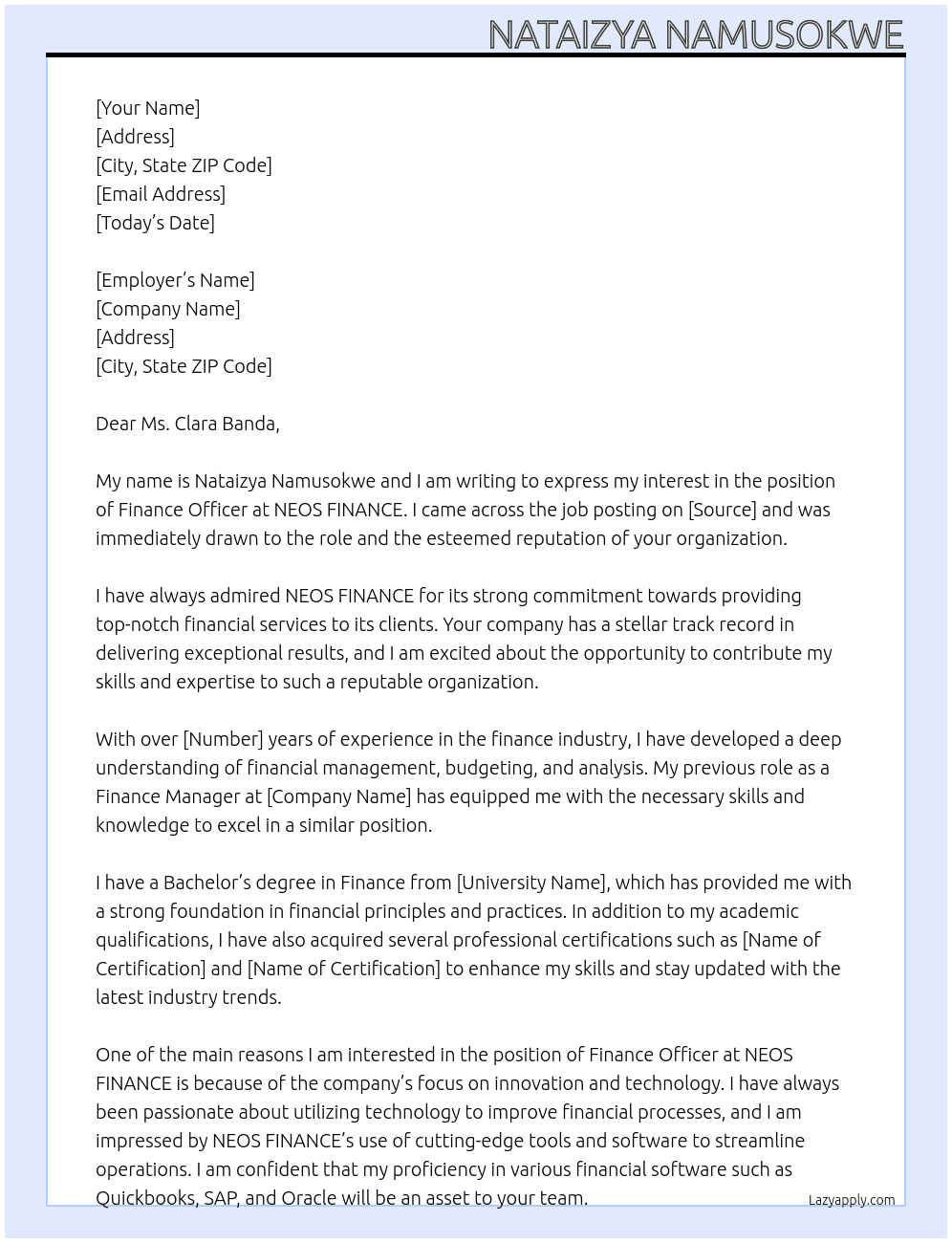 LICENSE APPLICATION AS A FINANCE OFFICER At NEOS FINANCE Cover Letter