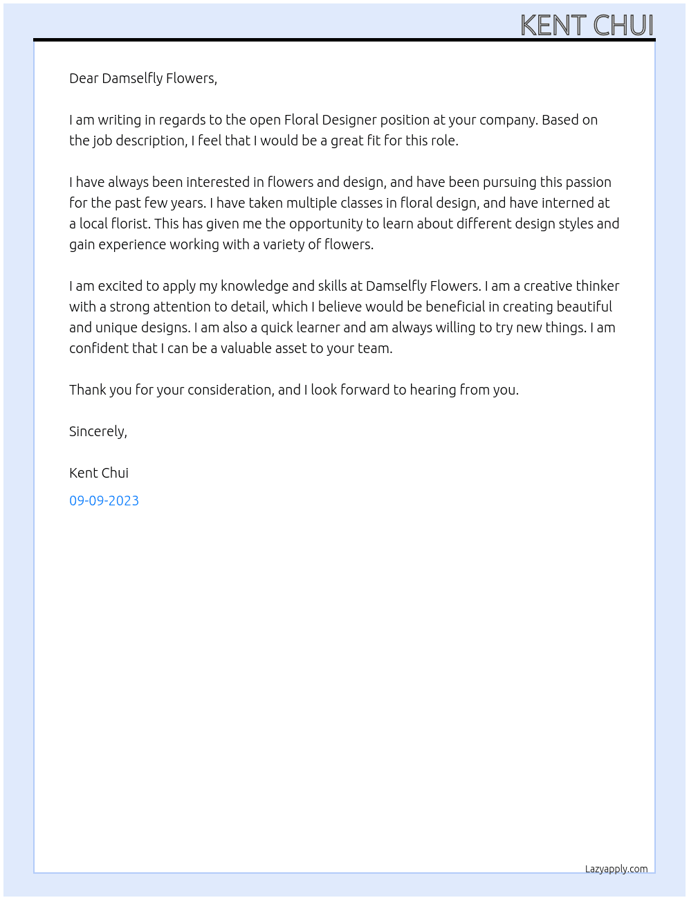 Floral Designer At Damselfly Flowers Cover Letter